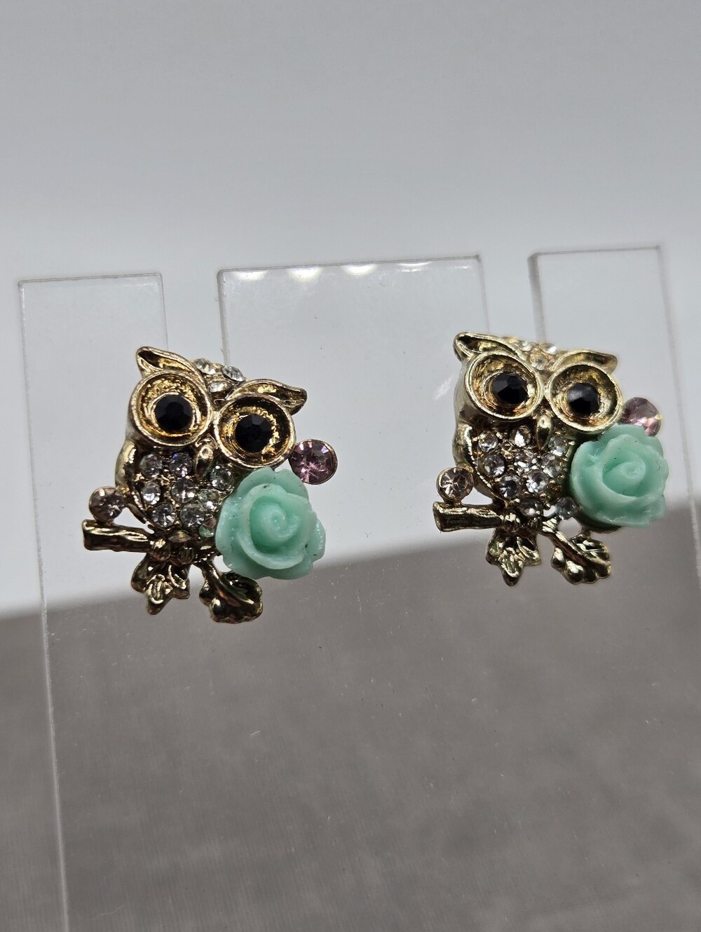 Gold-Tone Miniature Owl CZ Flower Stud Earrings Dainty Mini Crystal McBling